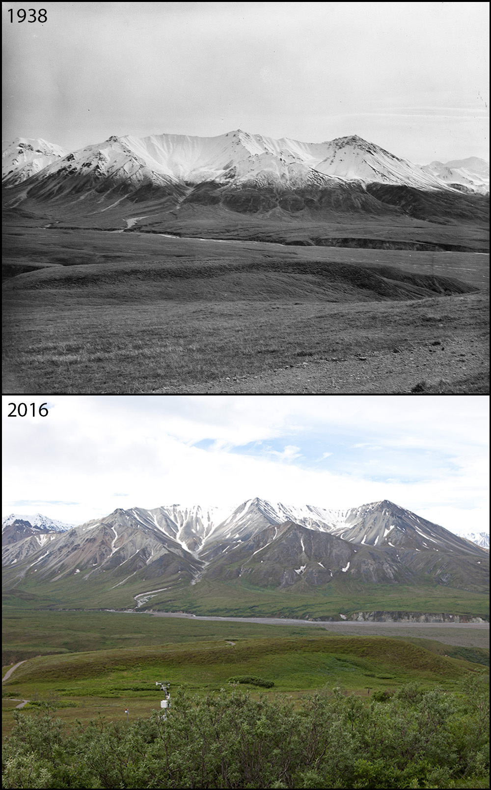 A photo pair showing No apparent changes at Eielson Visitor Center: 1938-2016