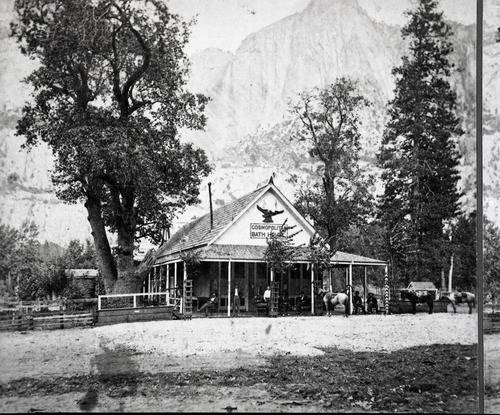 Detail of stereo RL-16,454. Caption: "The Cosmopolitan. Yosemite Valley, Mariposa Co., Cal. 3024." Carleton E. Watkins' New Series. Copy Neg: July 1985 by Michael Dixon
