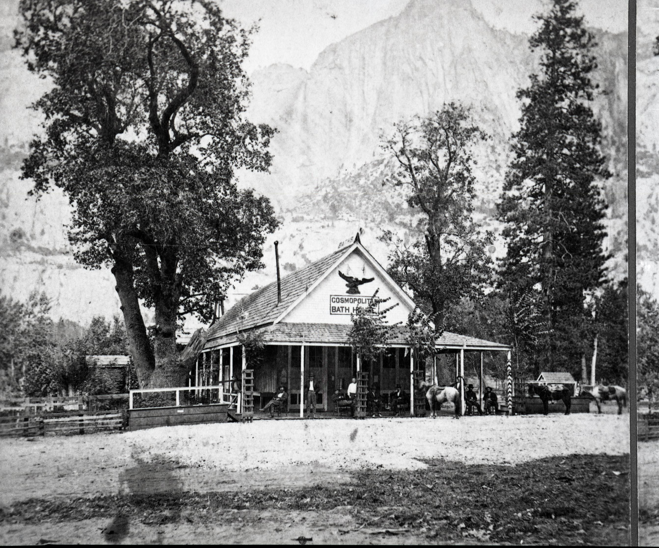 Detail of stereo RL-16,454. Caption: "The Cosmopolitan. Yosemite Valley, Mariposa Co., Cal. 3024." Carleton E. Watkins' New Series. Copy Neg: July 1985 by Michael Dixon