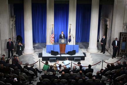 President Barrack Obama speaks before an audience of Wall Street's elite at Federal Hall National Memorial about the need to restore America's faith in the financial sector.