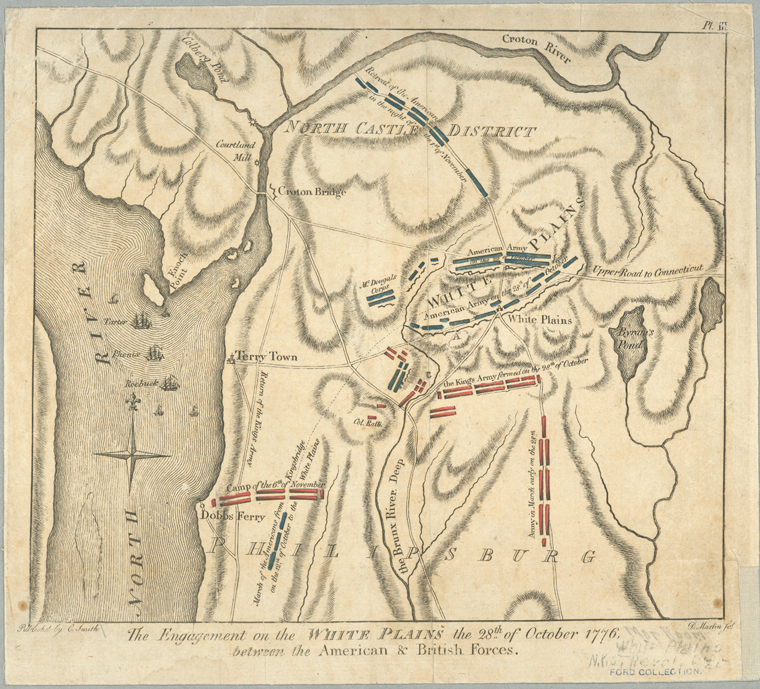 Map of the terrain of White Plains, New York with red and blue markings.
