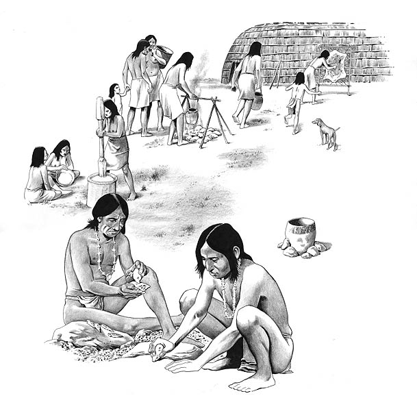 Native American Indians making tools, grinding corn, cooking with pottery, and scraping a deer hide.