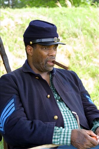 Civil War interpreters of  men training to join the U.S. Colored Troops at Stones River National Battlefield, April 2004