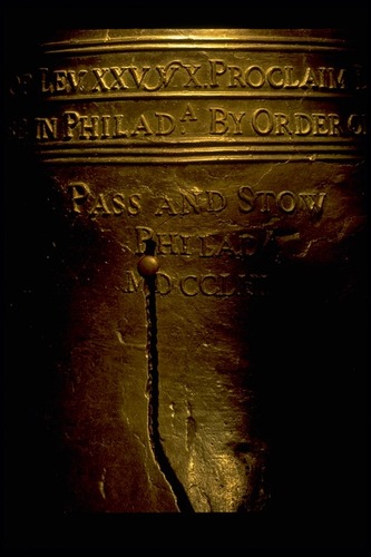 Close-up shot of the Liberty Bell, focusing on the crack.