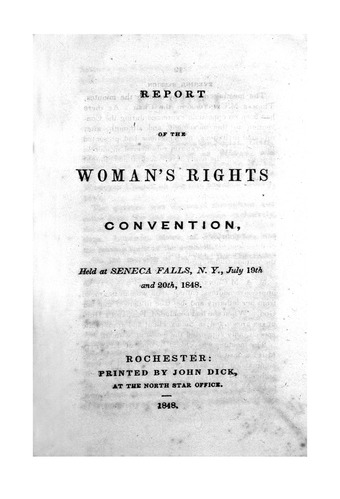 cover of the 1848 minutes - "National Park Service, Women's Rights National Historical Park. Report of the Woman's Rights Convention, Held at Seneca Falls, N.Y., July 19th and 20th, 1848," WORI 7588.