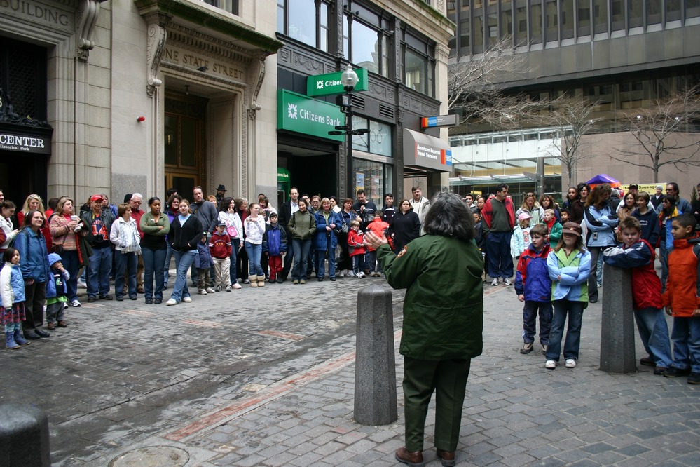 Ranger Karen gives the crowd some background information on the events leading up to the Boston Massacre
