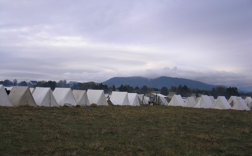 Confederate reenactment camp with Massanutten Mountain in the background.