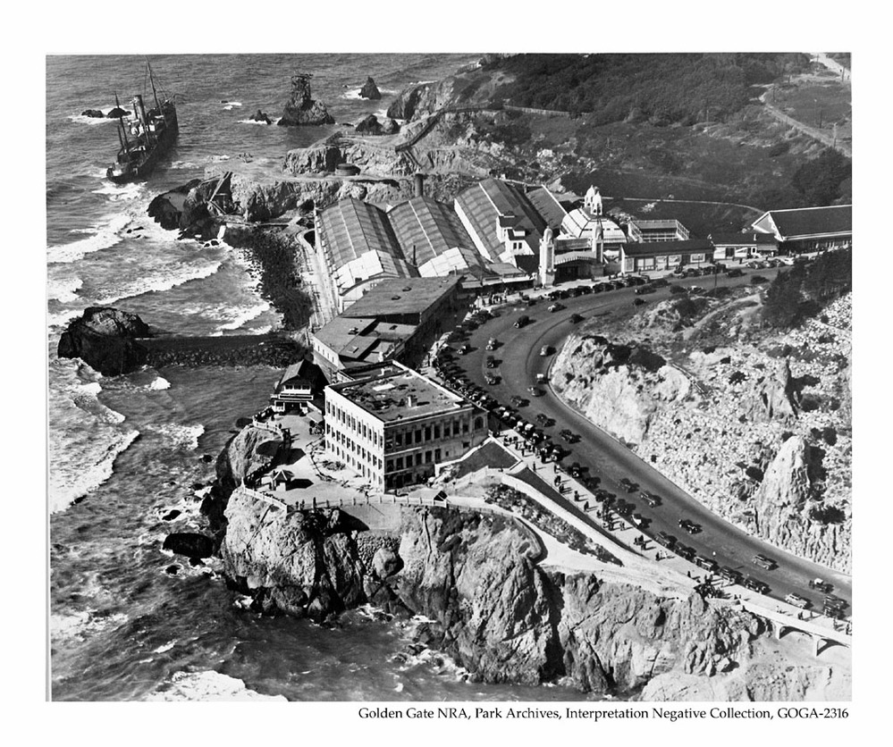 Aerial of the third Cliff House and the Sutro Baths. A shipwreck can also be seen in the upper left corner of the picture. Date Unknown.