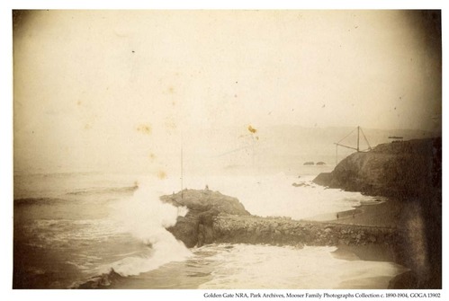“From Cliff House looking north, October 25, 1890.” Future site of Sutro Baths with Lands End in the distance.