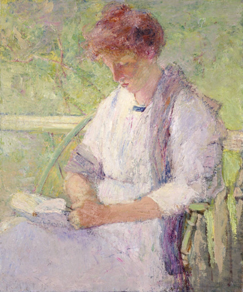 A painting of a women with red hair sitting in a green chair.