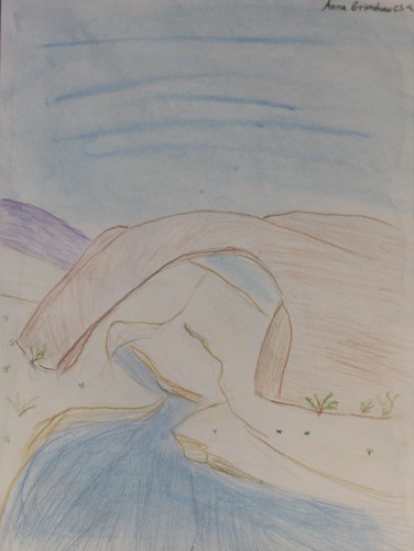 Hand drawn image of a sandstone arch and canyons.