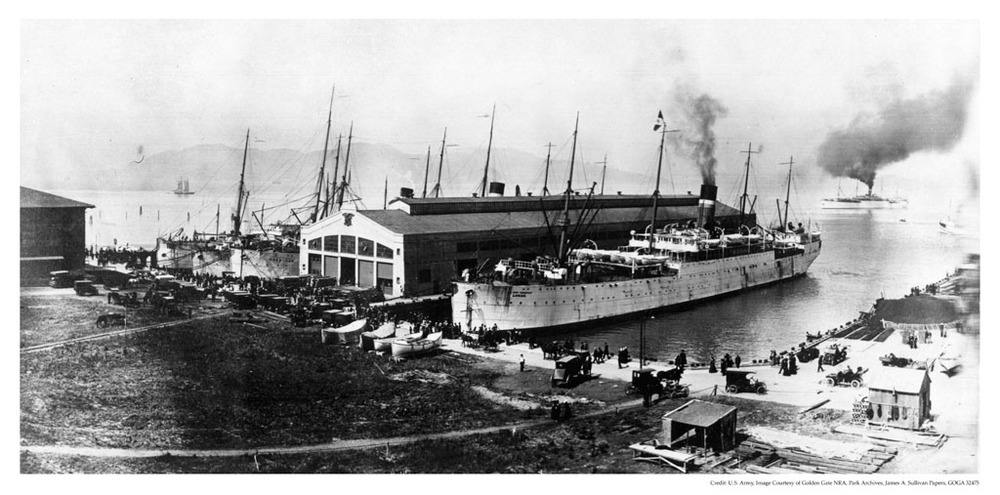 Fort Mason Pier 2, c1915. USAT Logan in dock.