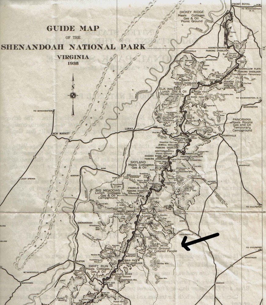 Detail from the "Guide Map of the Shenandoah National Park Virginia, 1938 by H. S. Teller, U.S. Department of the Interior, National Park Service.