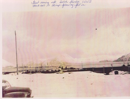 Blimp flying over snowy Dutch Harbor