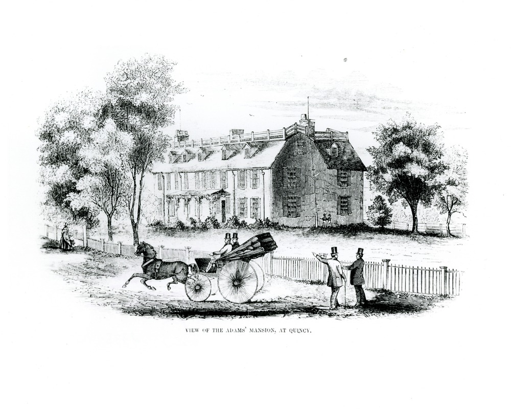 Engraving: View of the Adams Mansion at Quincy by Mallory, C. 1852 This engraving was done for the “Gleasons’ Pictorial Drawing Room Companion” Volume 3, August 21, 1852. This engraving is on exhibit in the Butler’s Pantry of the Old House.