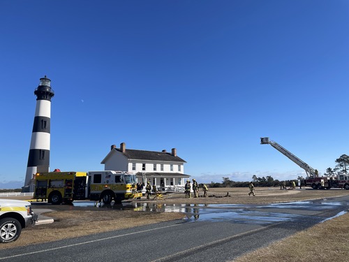Photo showing response to a structural fire within the Bodie Island Double Keepers' Quarters.