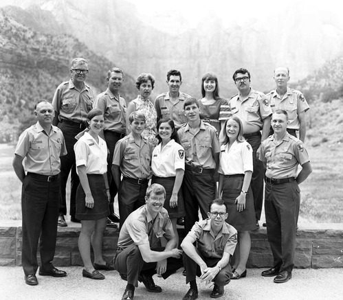 Interpretation division staff, summer 1970, left to right, back: Alberding, McComb, Courand, Lewis, DeMille, Devine, Sandberg