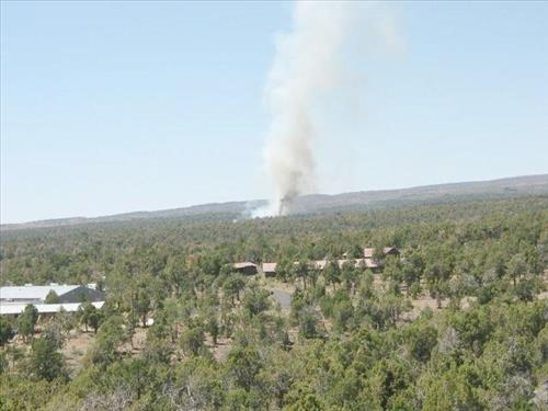 Photos of white smoke indicating start of the fire on the first day of Long Mesa Fire, Mesa Verde National Park, July 29, 2002