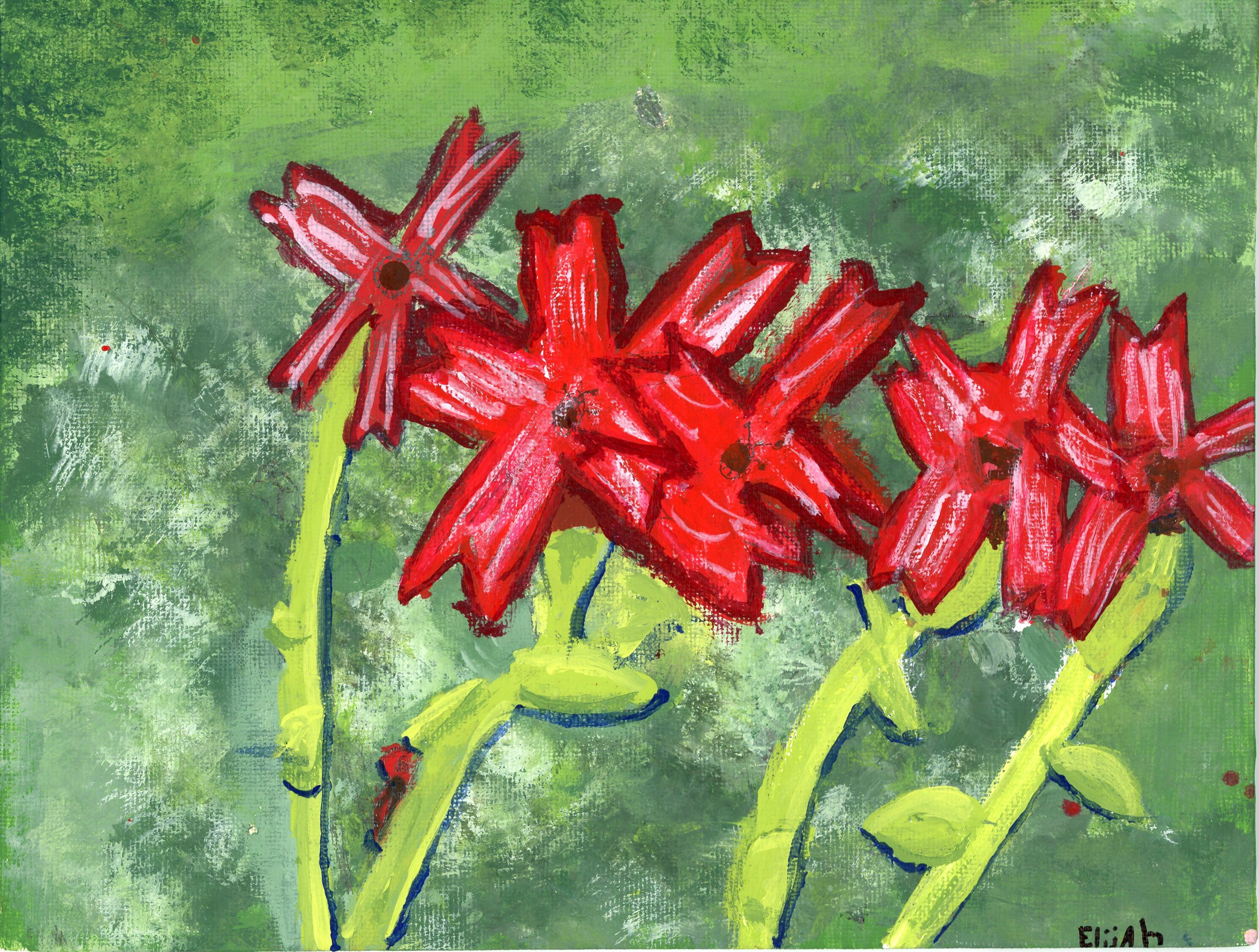 student artwork - painting of red wildflowers on green background