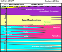 Schematic illustrating the Interfingering of the Elephant Canyon and the Halgaito Formations, Glen Canyon National Recreation Area. Cedar Mesa Sandstone and Halgaito Formation are clastic, primarily terrestrial rocks. The Elephant Canyon is dominantly carbonate, marine rocks.