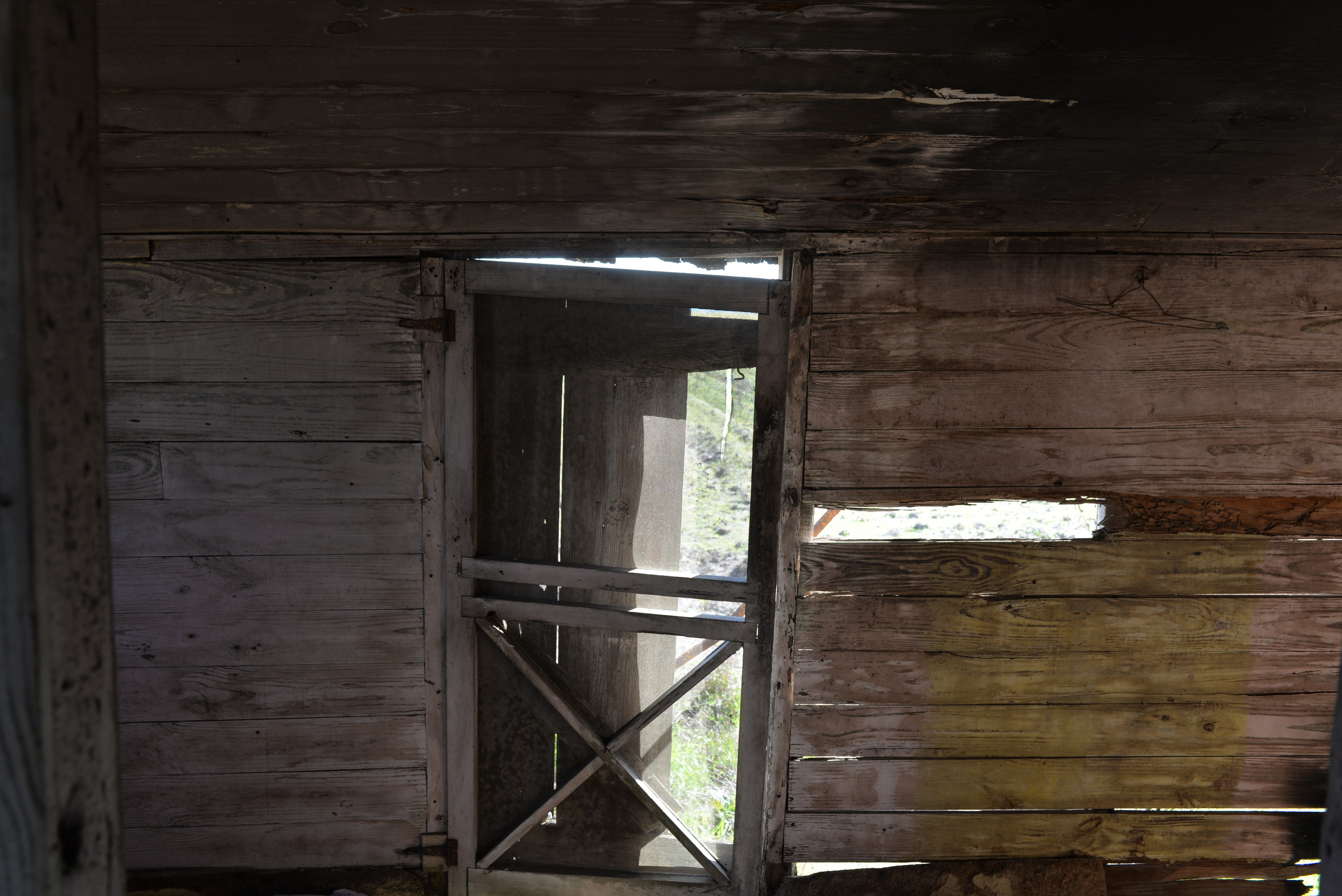 Wooden interior room with screen door.