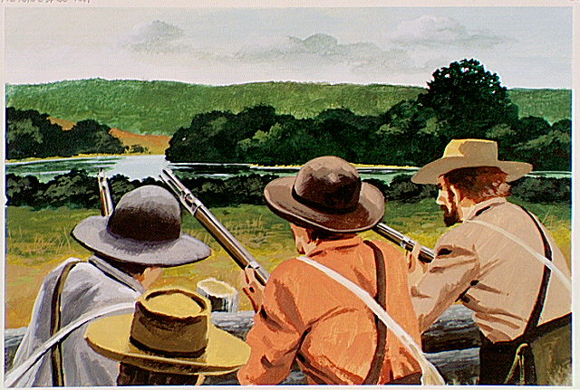 Confederate soldiers behind barricades looking down mountain at Peachtree Creek.