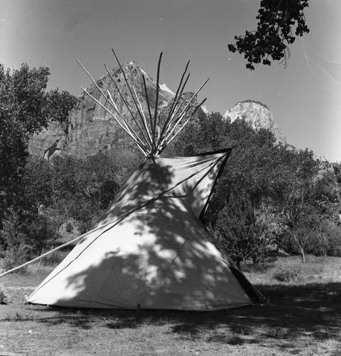 Completed tipi demonstration by Clifford Jake at the first annual Folklife Festival, Zion National Park Nature Center, September 1977.