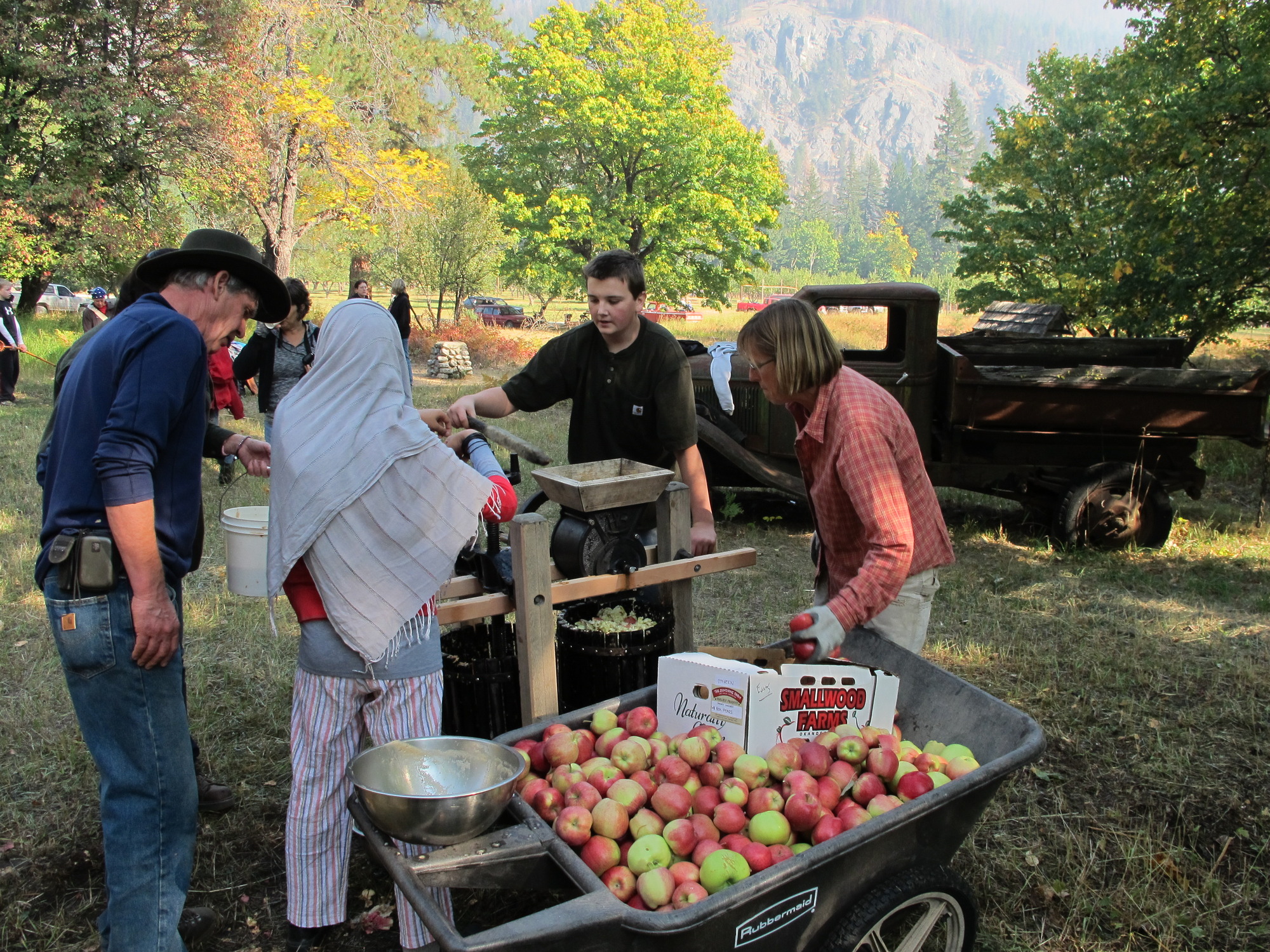 A group cranks a wooden cider press with a wheelbarrow full of apples nearby.