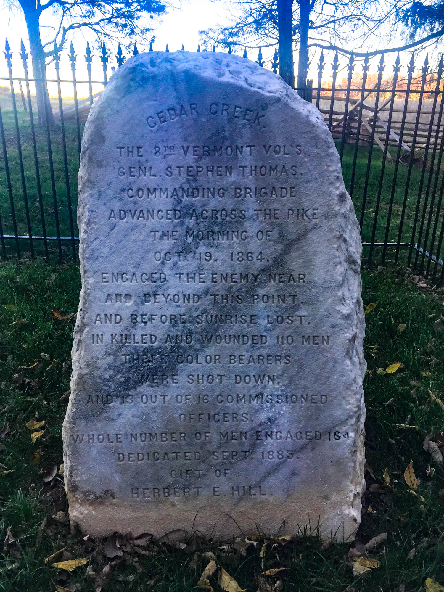 Stone marker with text about the Battle of Cedar Creek