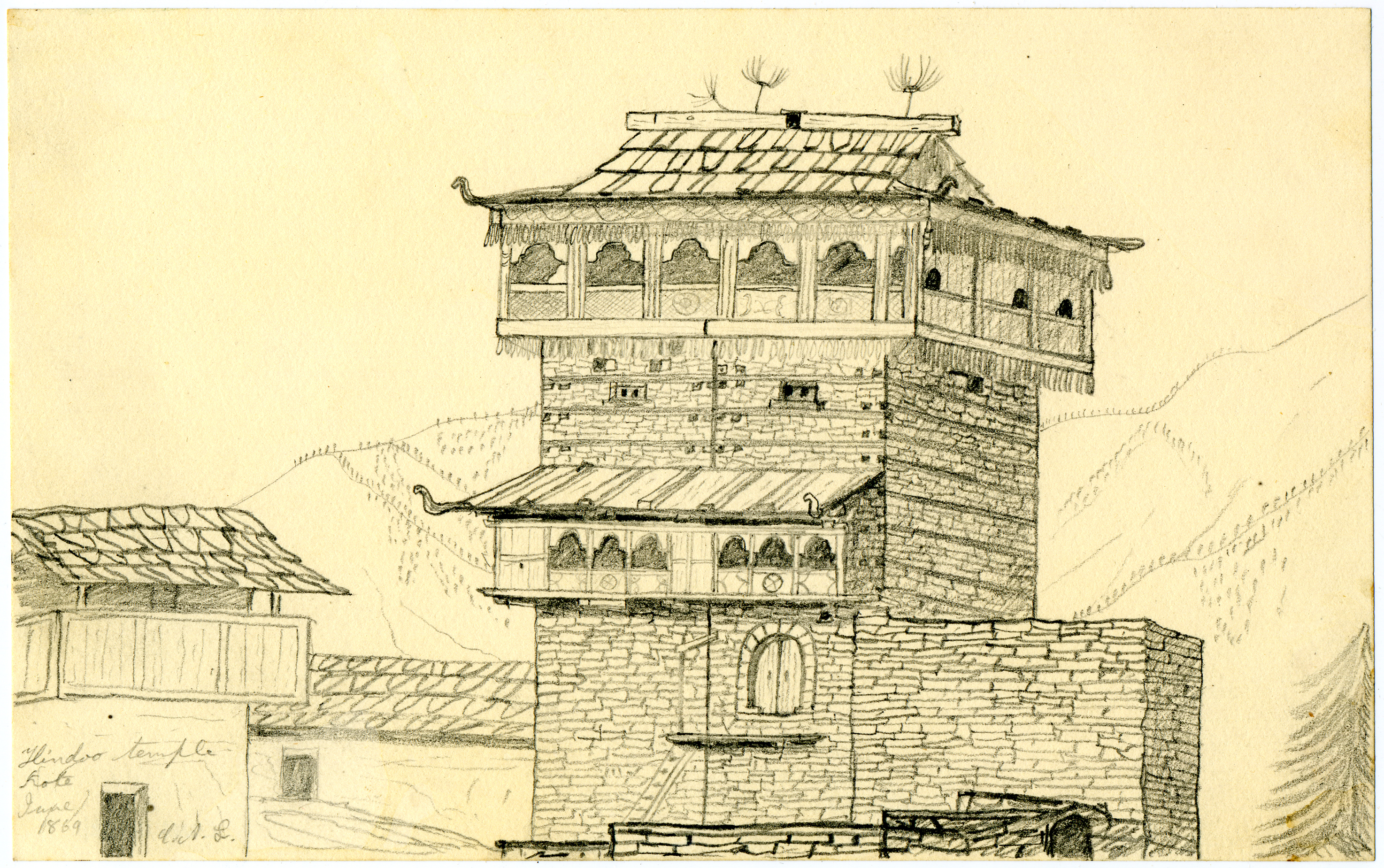 Detailed pencil drawing of temple with square tower and pagoda roof, mountains in background