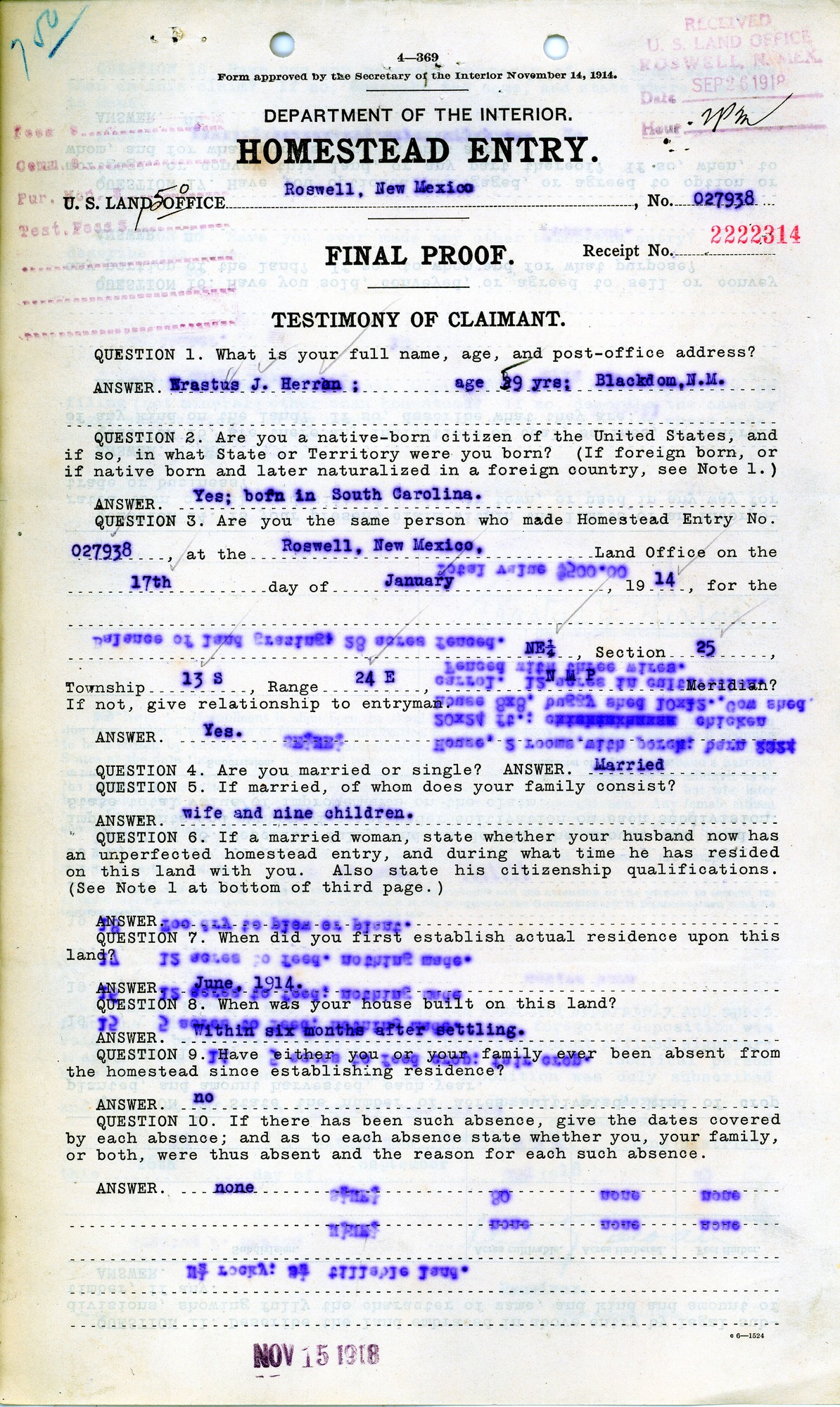 Scanned image of form. See description for text.