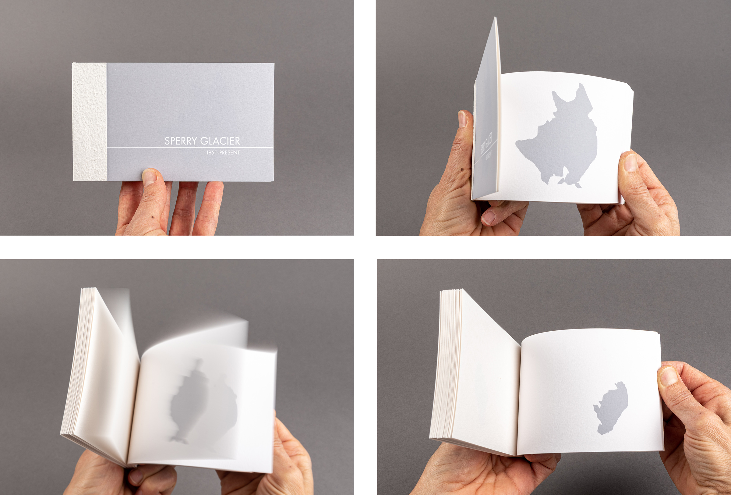 Four pictures in a grid pattern of a hands holding the flip book "Sperry Glacier: 1850-Present." The first picture shows the cover of the book in grey. The second picture shows the outline of Sperry Glacier as it once was. The third picture shows hands flipping the book to a smaller outline of Sperry Glacier. The fourth picture shows an even smaller outline of Sperry Glacier.