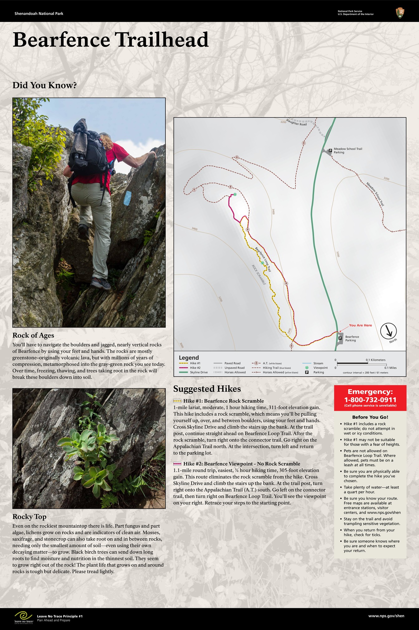The trailhead sign for Bearfence, with a map and hiking descriptions.