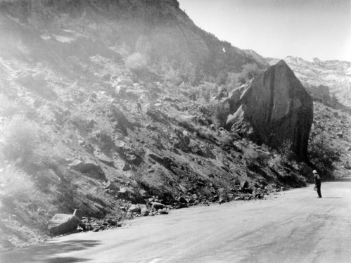 Flood damage repair - Zion Canyon, December 1966 flood. Between Birch Creek and Pine Creek on scenic drive.