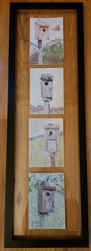 Four drawings of bird houses on a sunny day.