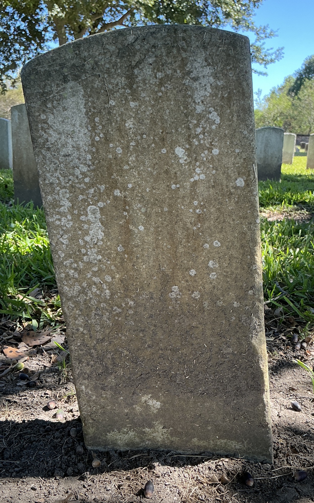 Back of historic upright marble headstone with recessed shield face.