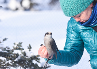 a woman holding a small gray bird