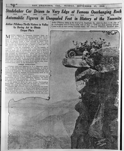 Copy of newspaper clipping of auto on Overhanging Rock Rock at Glacier Pt. Dated September 17, 1916