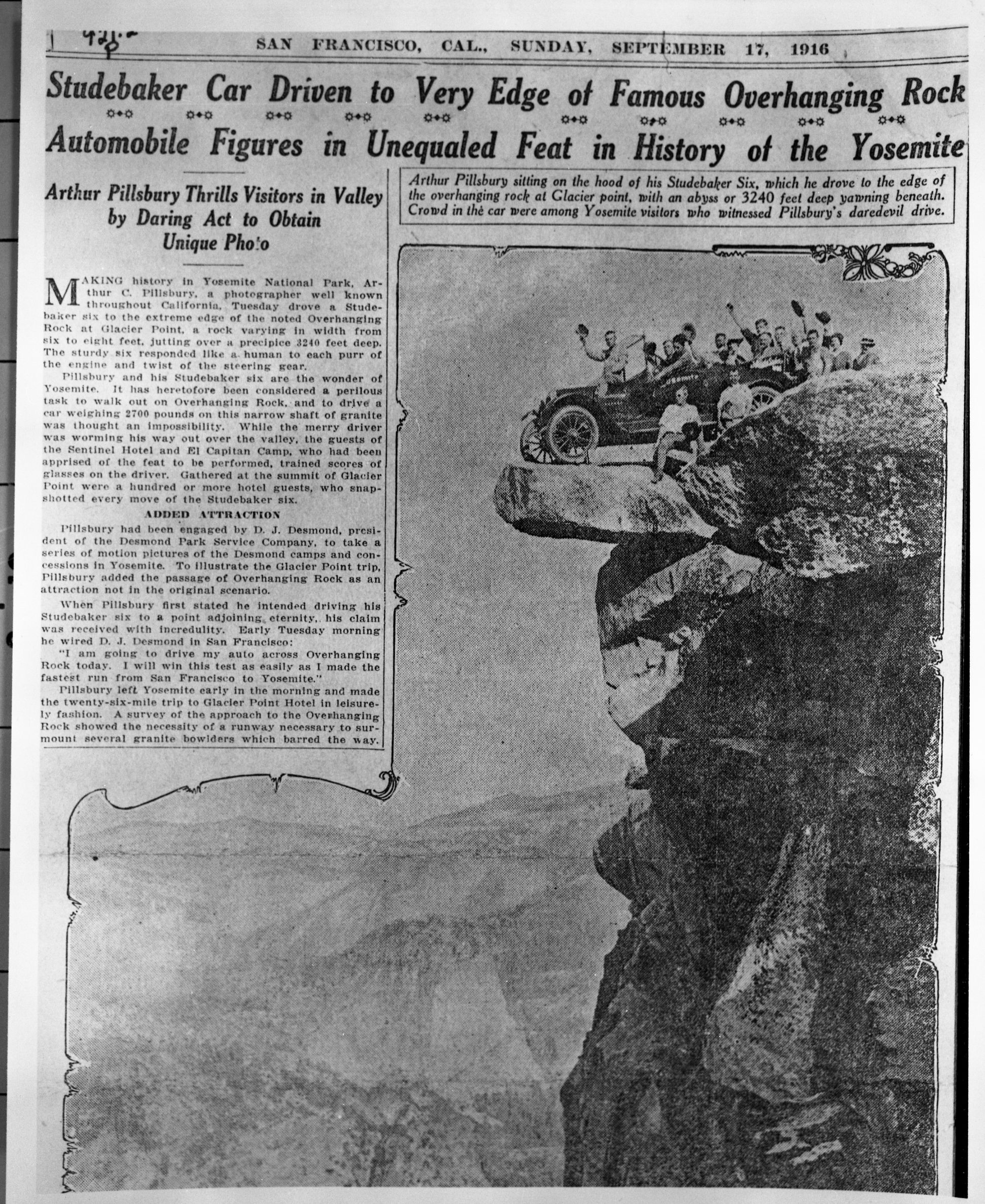 Copy of newspaper clipping of auto on Overhanging Rock Rock at Glacier Pt. Dated September 17, 1916