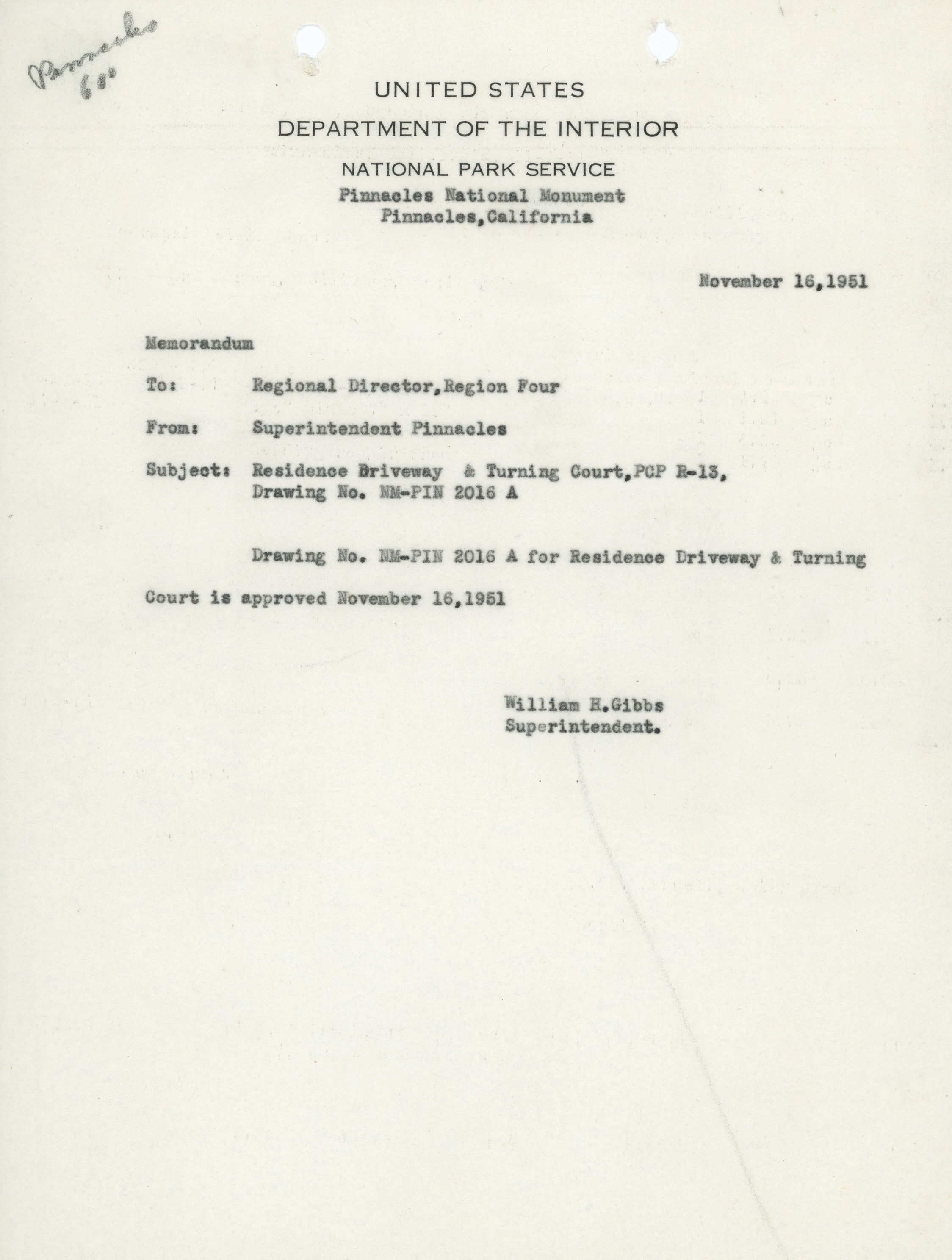 Superintendent's Residence Driveway Construction Memorandum