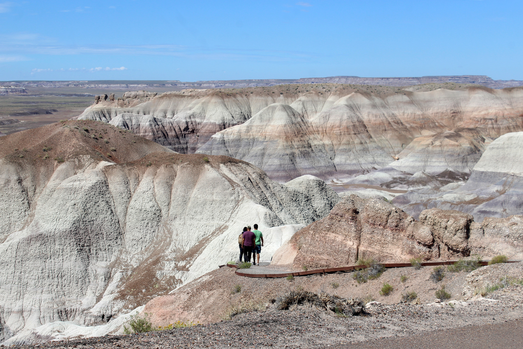 Overlooking three people descending the Blue Mesa Trail.