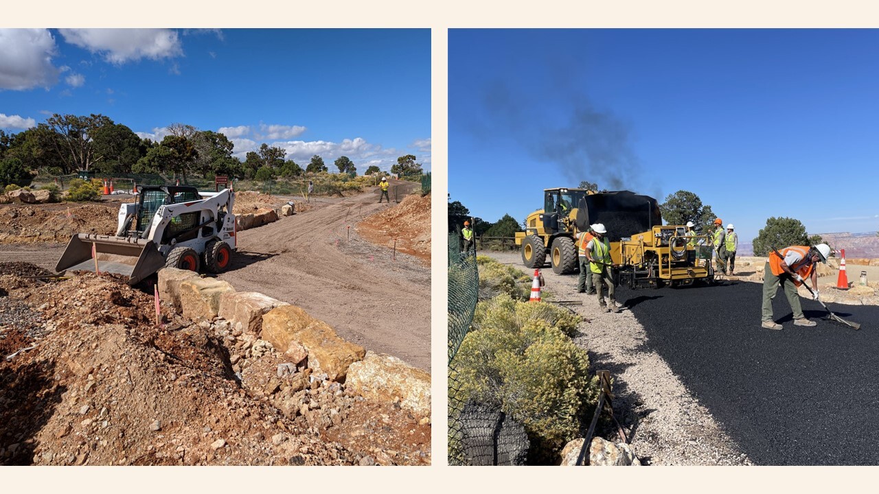 Two photos: Left, a small bulldozer moves dirt on a construction site under a blue sky. Right, workers in safety vests and helmets pave a road with fresh asphalt as a large paving machine emits smoke.