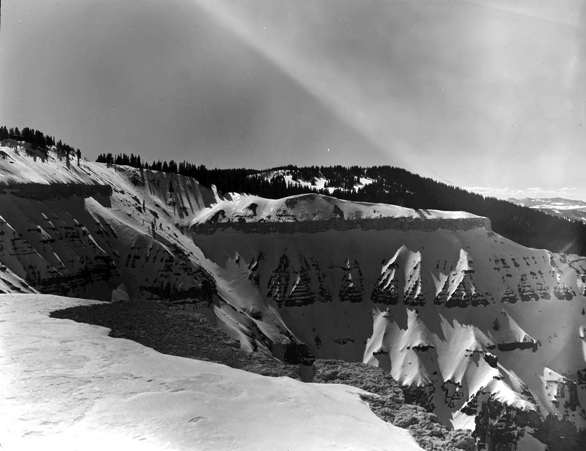 The amphitheater covered in snow, view from the rim at Cedar Breaks National Monument.