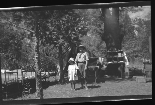 Alice & Jean Coolbaugh in Camp 14, Housekeeping Yosemite Valley. Copied courtesy of Mrs. Jean Coolbaugh Blasdale. Copied September 1983 by Michael Dixon.