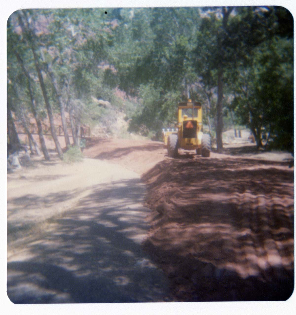 Construction vehicle in operation during the emplacement of the Zion Lodge footbridge.
