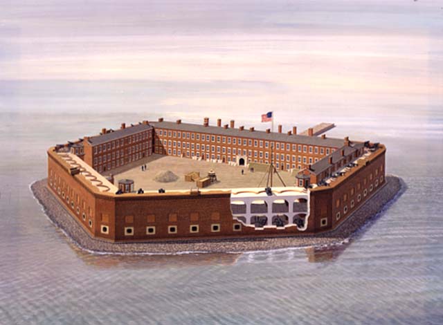Aerial of Fort Sumter, c1861. Perspective allows the interior parade ground, the wharf, barracks, and Officers' Quarters to be viewed over the 50 foot walls. The left face in the foreground is cutaway to show gun emplacements.