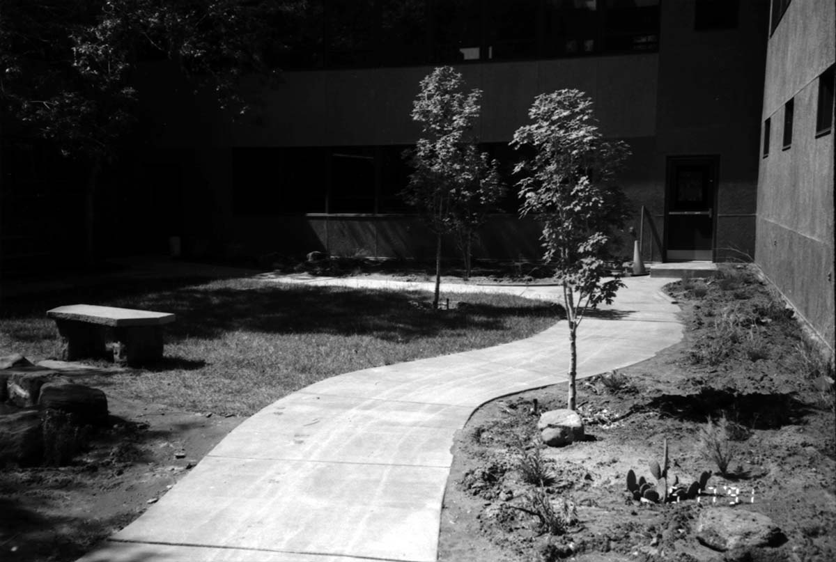 Courtyard are in headquarters during the construction of headquarters addition.