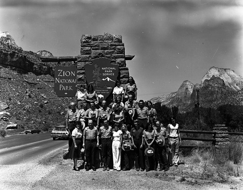Naturalist group picture, 1979 crew- naturalist division, Zion Natural History Association (ZNHA), Zion Nature School (ZNS), Student Conservation Association (SCA).