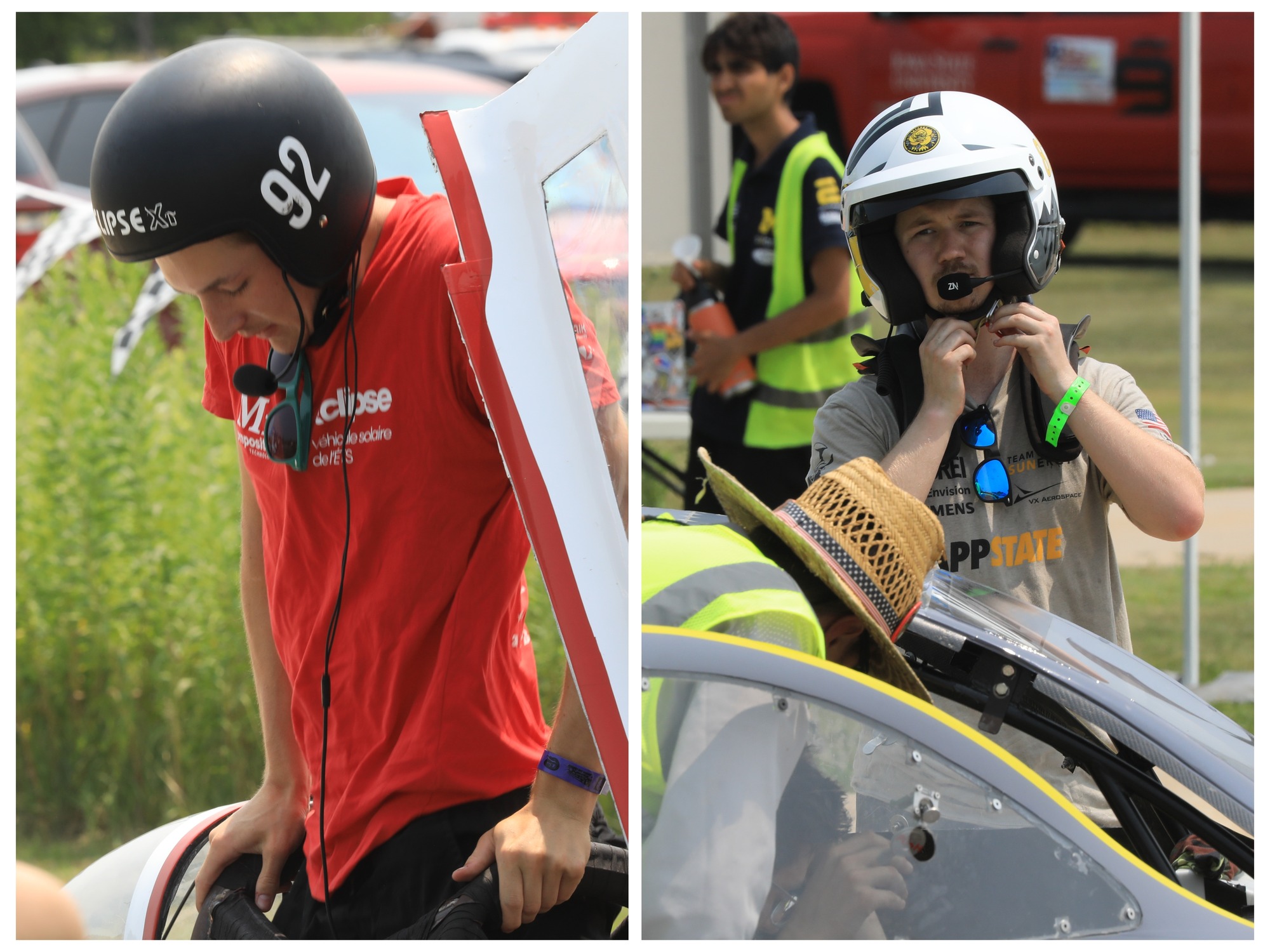 Collage of two drivers exiting their vehicles. Both look hot and somewhat cramped.