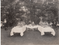 Table set for Madeleine Edison Sloane's wedding reception on the lawn of Glenmont.